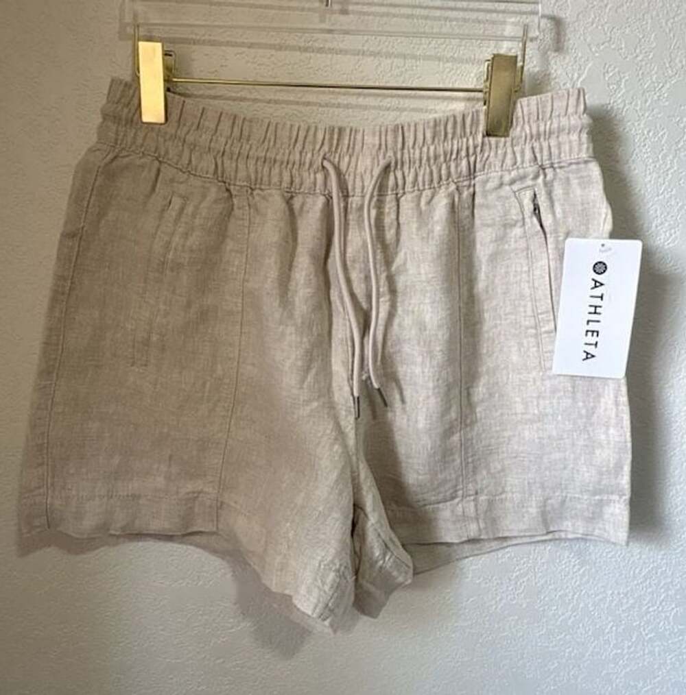Athleta Retreat Linen Short Size M Beige Drawstring Pull On Pockets